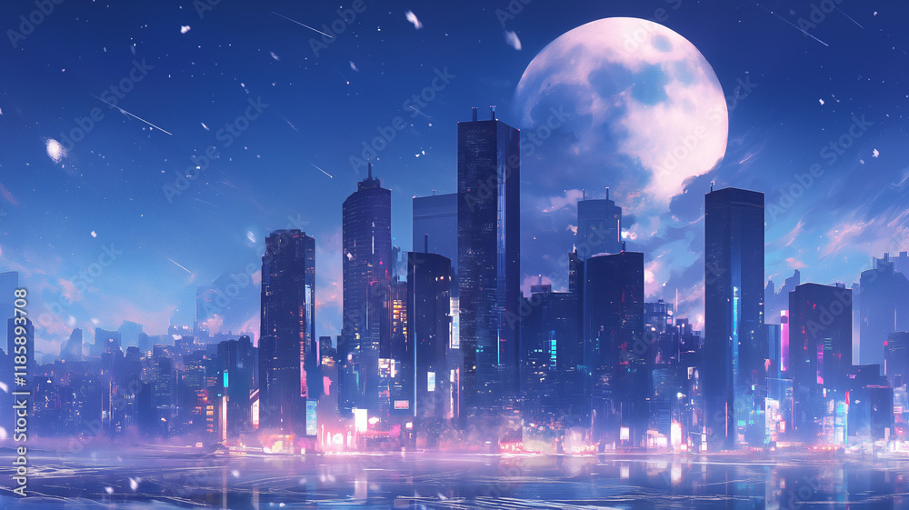 Obraz premium 雪降る冬の美しい都会の夜景、都市の煌めきが美しいイラスト。満天の星空と月。背景,アニメ,アジア,幻想的