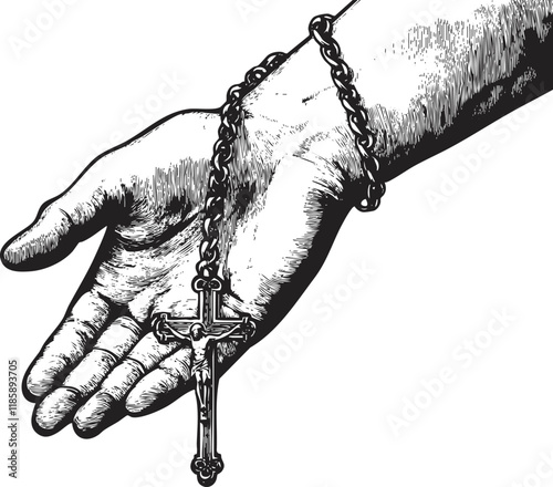 Illustration of a hand holding a rosary with a cross in black and white.