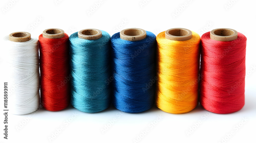 Colorful Thread Spools Aligned Neatly on White Background