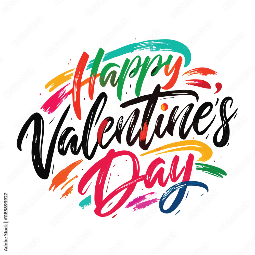 Obraz premium Colorful Hearts and Happy Valentines Day! Text Design line art icon sign silhouette vector illustration with fun brush ink calligraphy typography for photo overlays t-shirt print flyer poster design