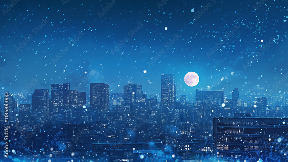 Fototapeta premium 雪降る冬の美しい都会の夜景、都市の煌めきが美しいイラスト。満天の星空と月。背景,アニメ,アジア,幻想的