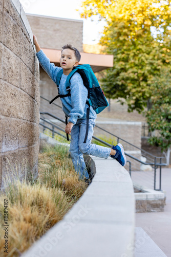 A cheerful and happy young boy, dressed in casual attire, is energetically balancing playfully on a low wall, which showcases his adventurous spirit and pure joy in a beautiful outdoor setting