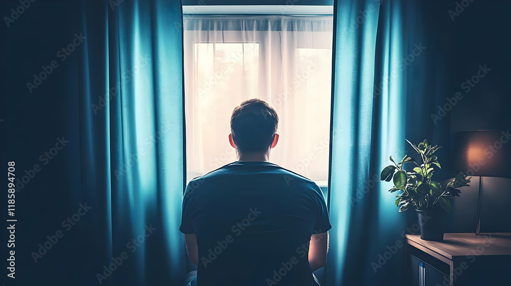Man Looks Out Window at Sunrise Thoughtfully and Peacefully in Room Man Looks Out Window at Sunrise Thoughtfully and Peacefully in Room