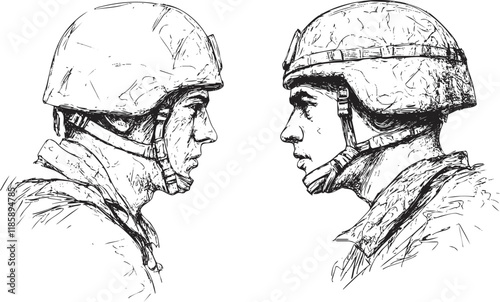 Illustration of two soldiers in profile wearing helmets and military uniforms.