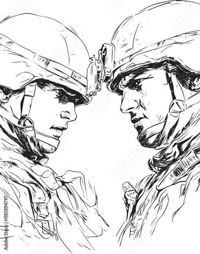 Illustration of two soldiers facing each other, wearing helmets, in detailed sketch.