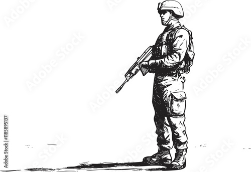 Black and white illustration of a soldier standing with a rifle.
