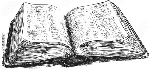Hand-drawn illustration of an open book with visible text pages.