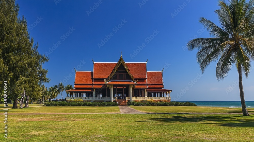 Traditional Thai Architecture with Palm Trees by the Sea Traditional Thai Architecture with Palm Trees by the Sea