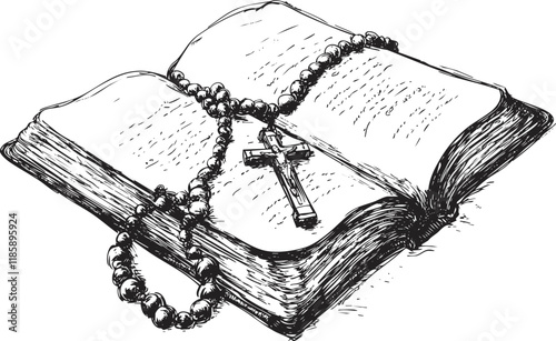 Illustration of an open Bible with a rosary and cross on top.