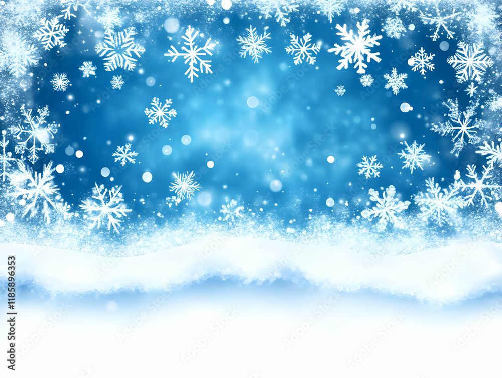 Naklejka premium Snowflakes Gently Fall on a Wintry, Snowy Landscape