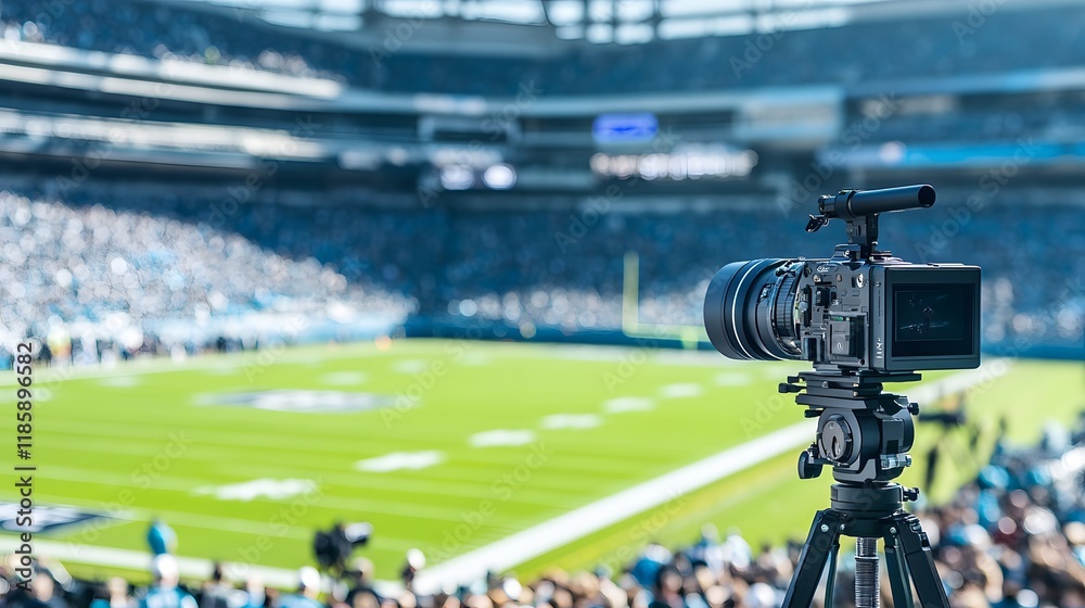 Professional broadcast camera setup at a sports stadium, capturing the field in sharp focus with a blurred crowd in the background, highlighting technology, precision, and live event broadcasting Professional broadcast camera setup at a sports stadium, capturing the field in sharp focus with a blurred crowd in the background, highlighting technology, precision, and live event broadcasting