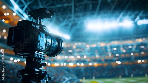 Professional broadcast camera setup at a sports stadium, capturing the field in sharp focus with a blurred crowd in the background, highlighting technology, precision, and live event broadcasting
