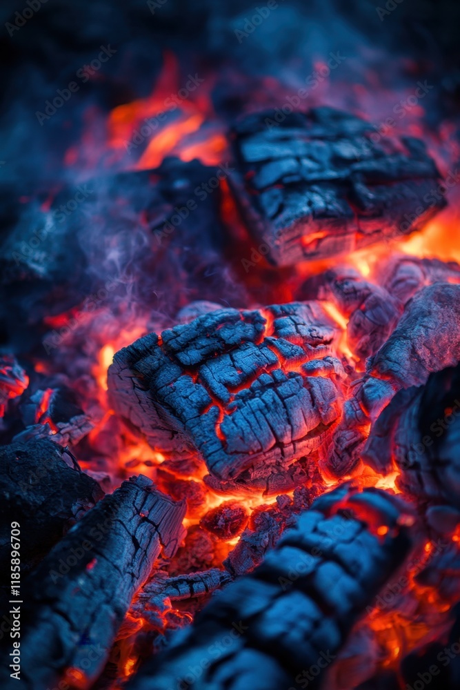 Fototapeta premium Close-up view of vibrant fire flames texture showcasing intricate details in bright orange and deep blue on glowing charred wood