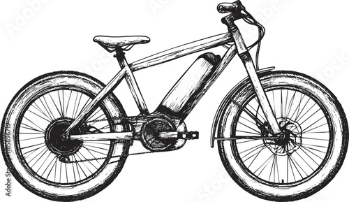 Black and white sketch of an electric bicycle with detailed design.