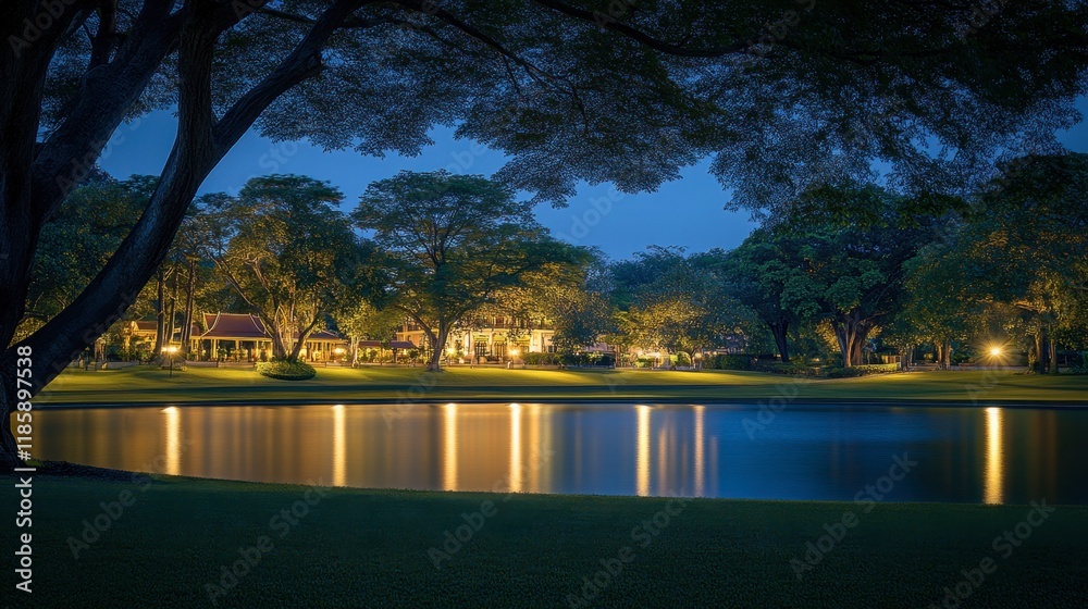 Fototapeta premium Tranquil Night Scene with Reflections in a Lake Surrounded by Trees