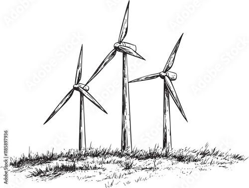 Sketch of three wind turbines on grassy field generating renewable energy.