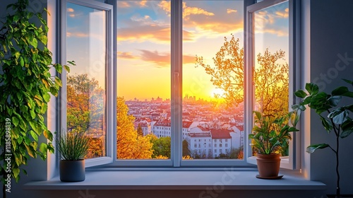Golden Hour Cityscape View from Open Window