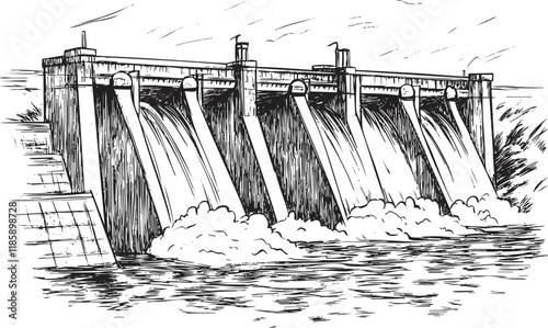 Black and white sketch of a dam releasing water from a reservoir.