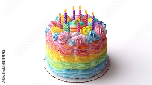 Colorful birthday cake with candles isolated on white background