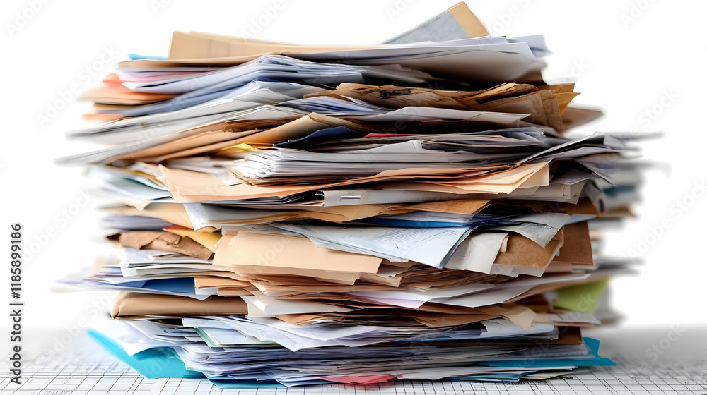 Obraz premium Paper Stack Overflows Desk: Office, Work, Documents, Files, Messy, Clutter, Organization