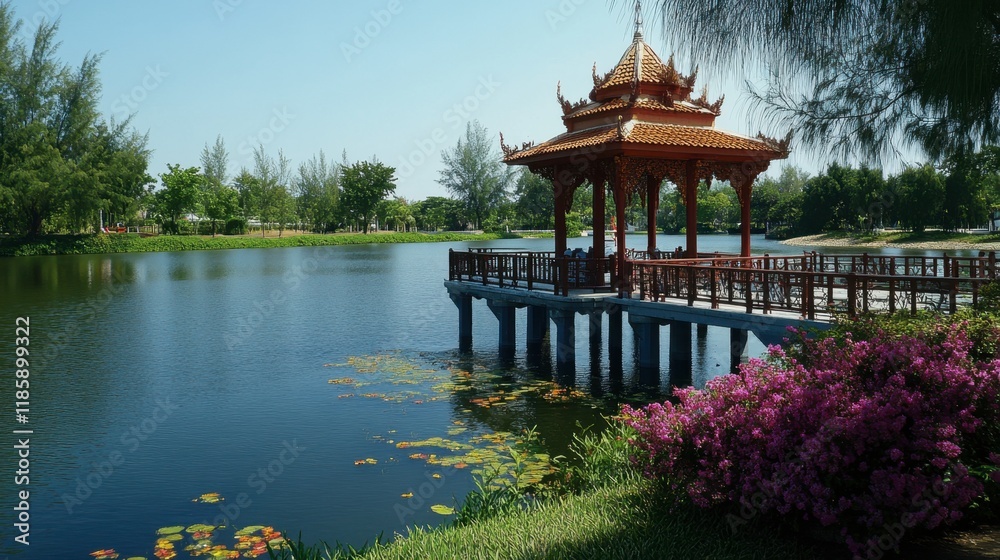 Serene Lakeside Pavilion Surrounded by Vibrant Nature and Flowers Serene Lakeside Pavilion Surrounded by Vibrant Nature and Flowers