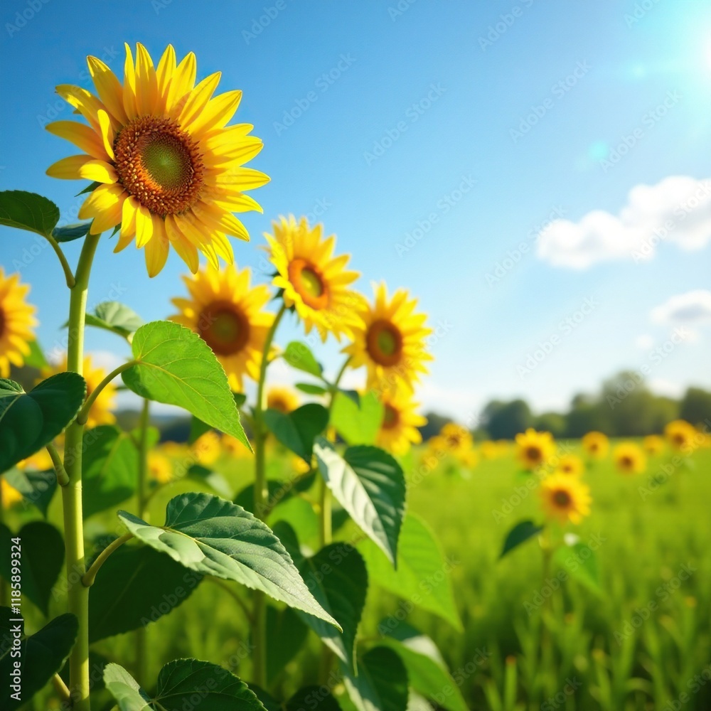 Yellow sunflowers towering above the ground in a field, tall, grassy, sunflower Yellow sunflowers towering above the ground in a field, tall, grassy, sunflower