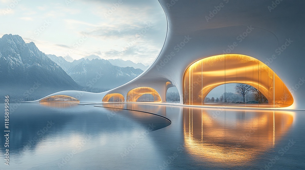 Futuristic architecture by a lake with mountain views. Futuristic architecture by a lake with mountain views.