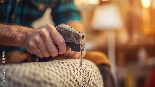 Craftsman's hands in upholstery work with staple gun for furniture restoration