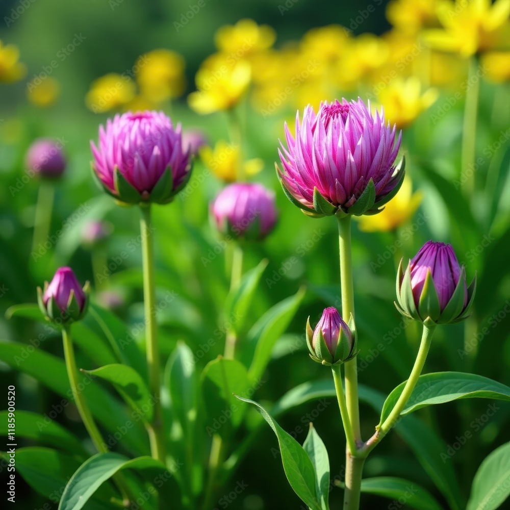 Artichoke flowers sway in the breeze amidst lush green foliage , nature, organic farm Artichoke flowers sway in the breeze amidst lush green foliage , nature, organic farm