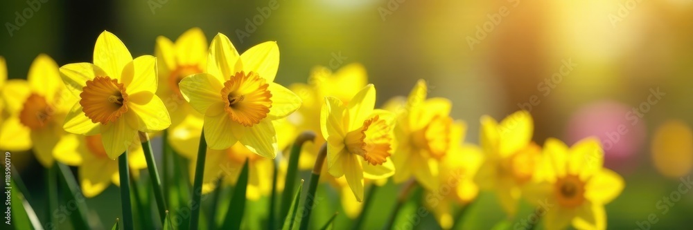 Fototapeta premium Dense cluster of daffodils, sunny day, green stems, yellow flower, group