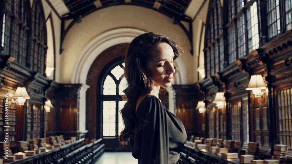 Elegant Woman in Historical Library Setting Elegant Woman in Historical Library Setting