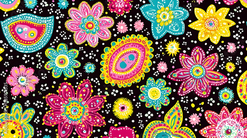 Vibrant floral paisley pattern textile design on black background for fashion or home decor