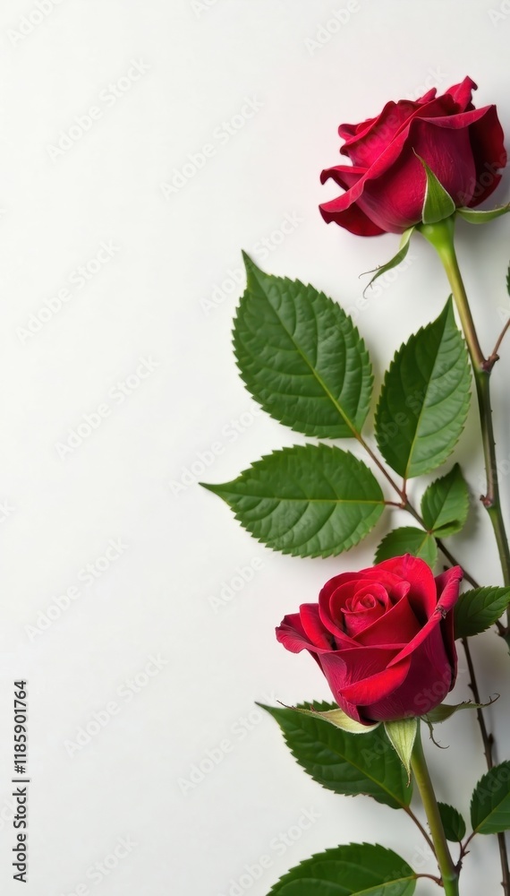 Close-up of rose leaves and stems on a pure white surface , flower stem, rose leaf Close-up of rose leaves and stems on a pure white surface , flower stem, rose leaf