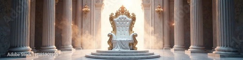 A gleaming white throne with a radiant aura and ornate details, glow, ornate, majestic
