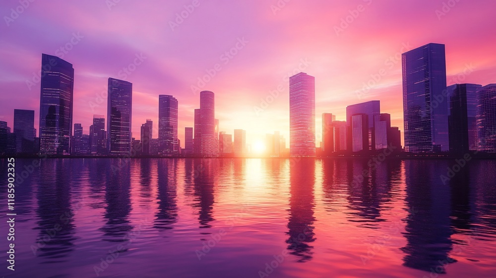 Obraz premium Cityscape Silhouette at Sunset: A Vibrant Urban Reflection
