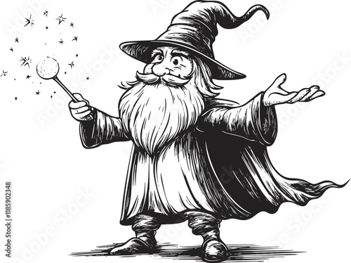 Illustration of a wizard casting a spell with a wand.