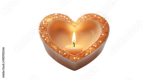 A heart-shaped candle burning with a gentle flame and soft orange glow, only on a transparent PNG background photo