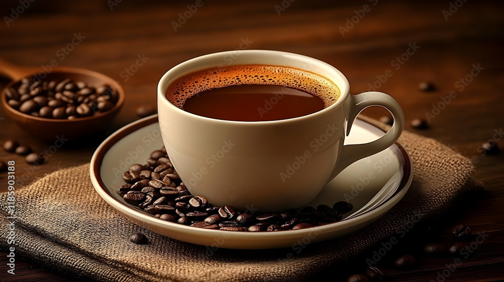 Fototapeta premium Fresh Coffee Cup Steams Aromatic Brew on Rustic Table Elegantly