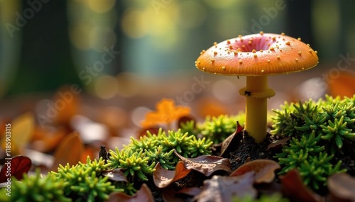 Autumn forest floor carpeted with mycena alcalina fungi, floor, wintergreen photo