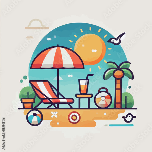 A flat vector illustration representing summer travel, beach. Flat Vector Style, Simple Design, White Background.