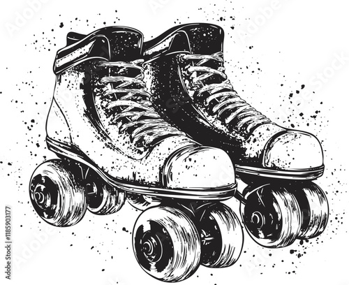 Vintage black and white roller skates illustration with artistic splashes.