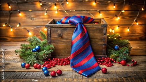 Colorful Silk Tie & Christmas Garland on Vintage Crate - Festive Holiday Still Life Photography photo