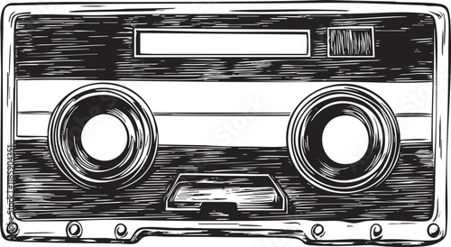 Black and white illustration of a vintage cassette tape drawing.