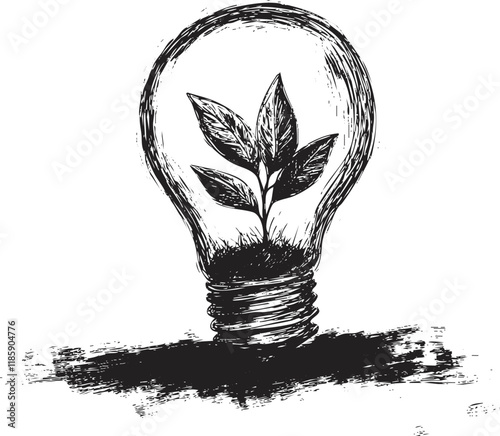 Illustration of a plant growing inside a lightbulb symbolizing eco-friendly innovation.