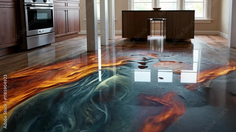 Innovative epoxy floor design transforming a modern kitchen with vibrant colors and unique patterns