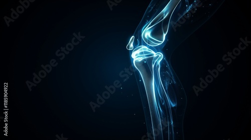 A glowing human knee joint, outlined in digital light, isolated against a dark backdrop.