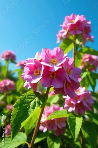 Colorful Edgeworthia chrysantha blossoms under clear blue summer sky, flowers, edgeworthia photo