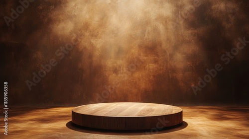 Elegant wooden podium illuminated by soft sunlight against a minimalist brown background creates a serene atmosphere for product display