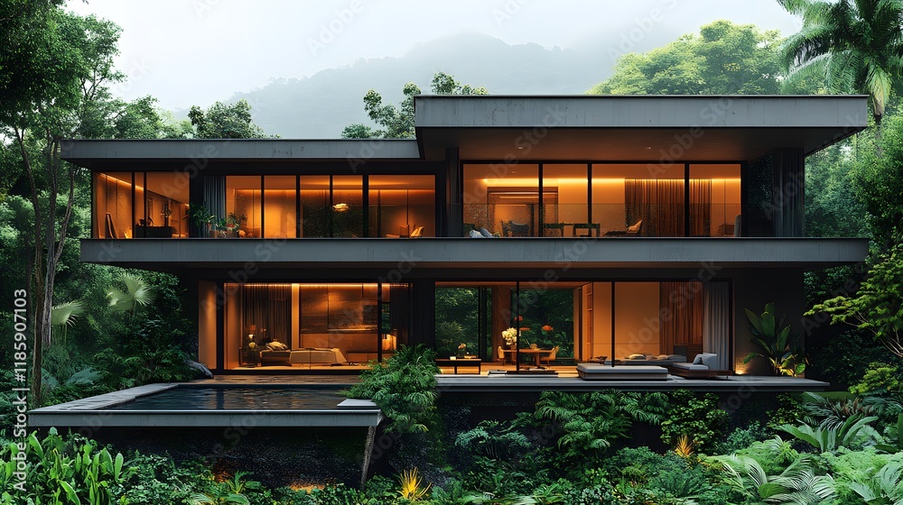 Isometric 3D design of a Thai minimalist villa surrounded by lush greenery Isometric 3D design of a Thai minimalist villa surrounded by lush greenery