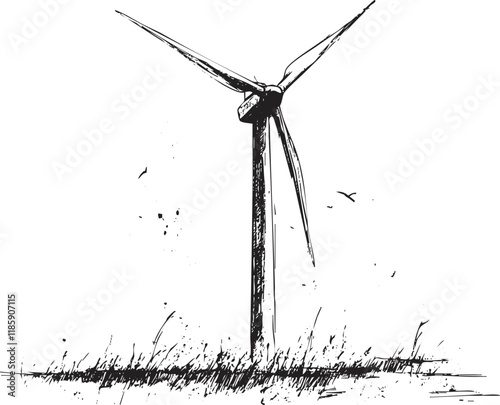 Black and white sketch of a wind turbine on a grassy landscape.